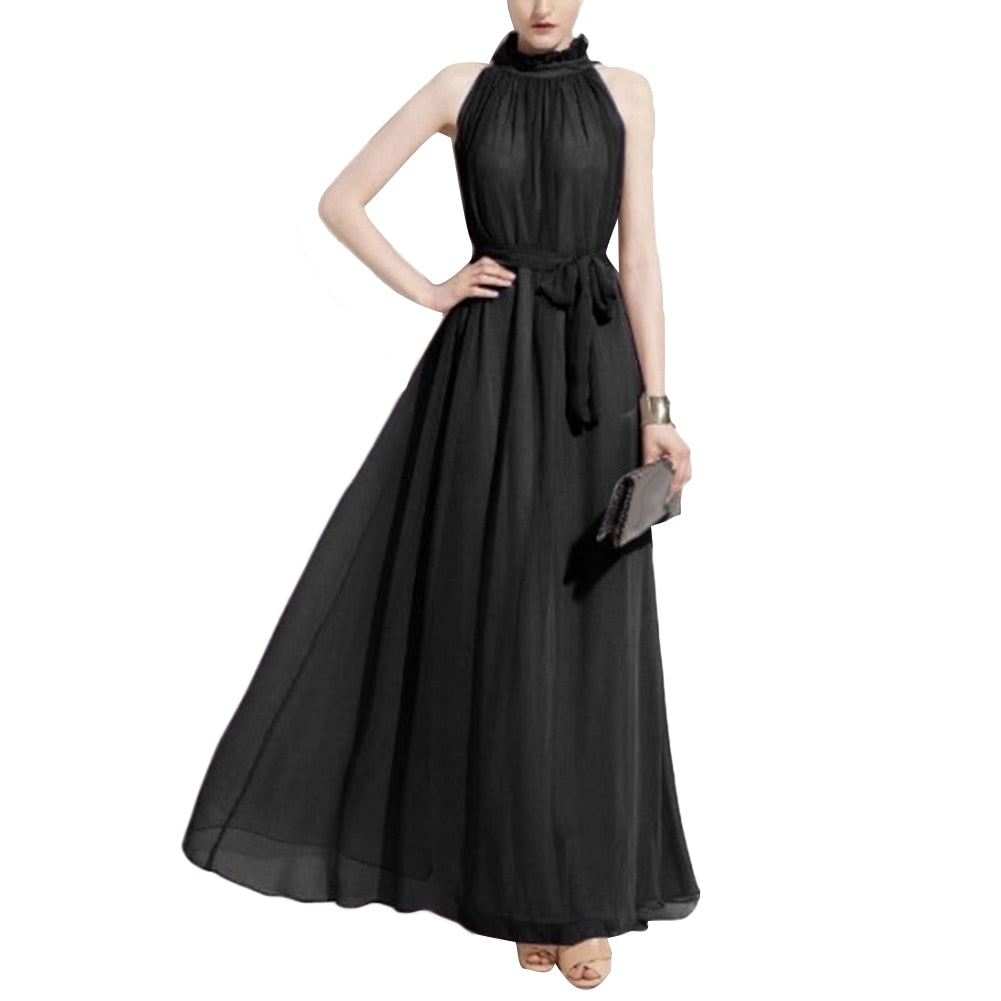 Solid Color Ruffled Collar Sleeveless Maxi Dress with Belt