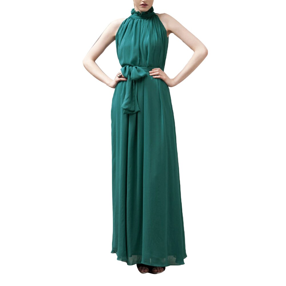 Solid Color Ruffled Collar Sleeveless Maxi Dress with Belt