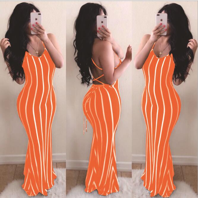Summer Stripes Lace Up Back Sexy Halter Long Mermaid Dress