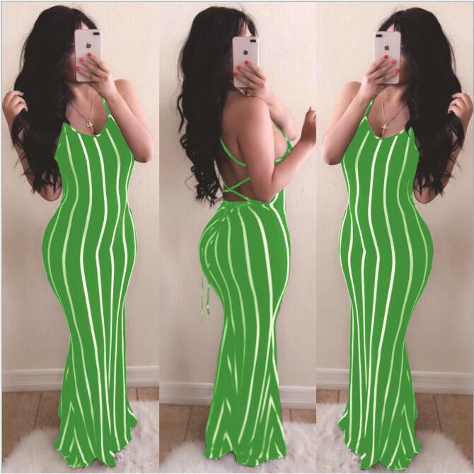 Summer Stripes Lace Up Back Sexy Halter Long Mermaid Dress