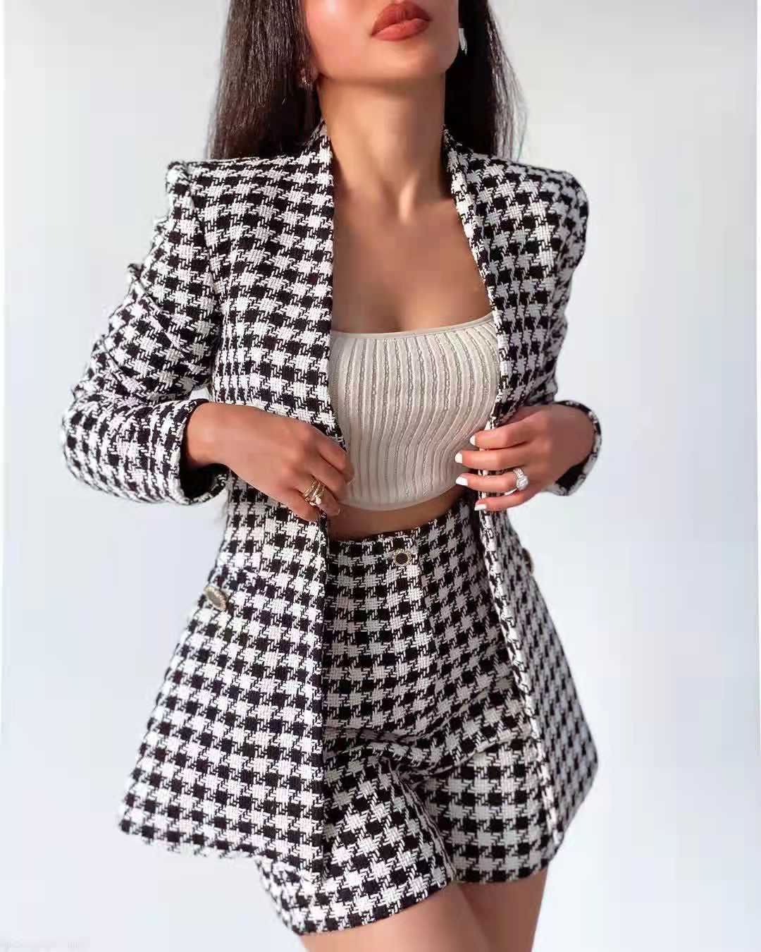 Vintage V Neck Long Sleeve Tweed Two pieces set