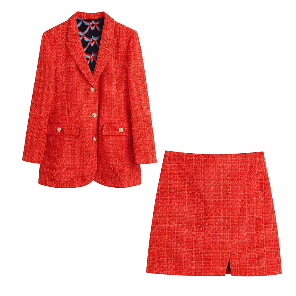 Red Vintage V Neck Long Sleeve Blazer - Hight Waist skirt suit
